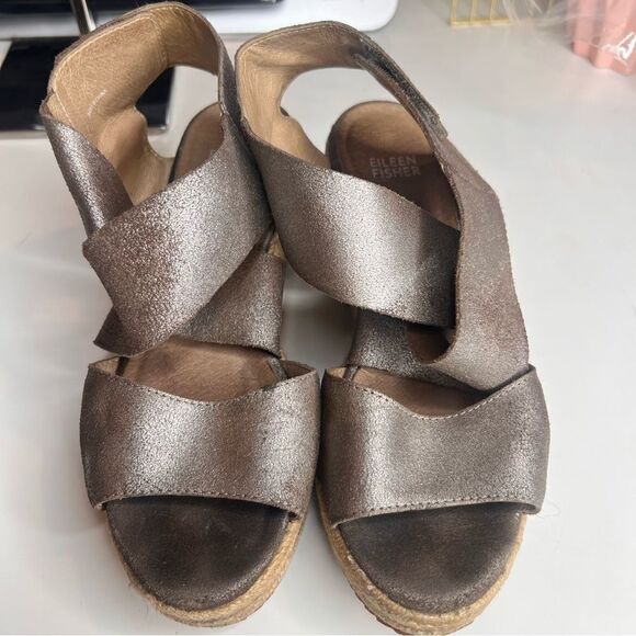 Eileen Fisher Willow Espadrille Wedge- Pewter Starry Metallic Suede - Picture 1 of 7